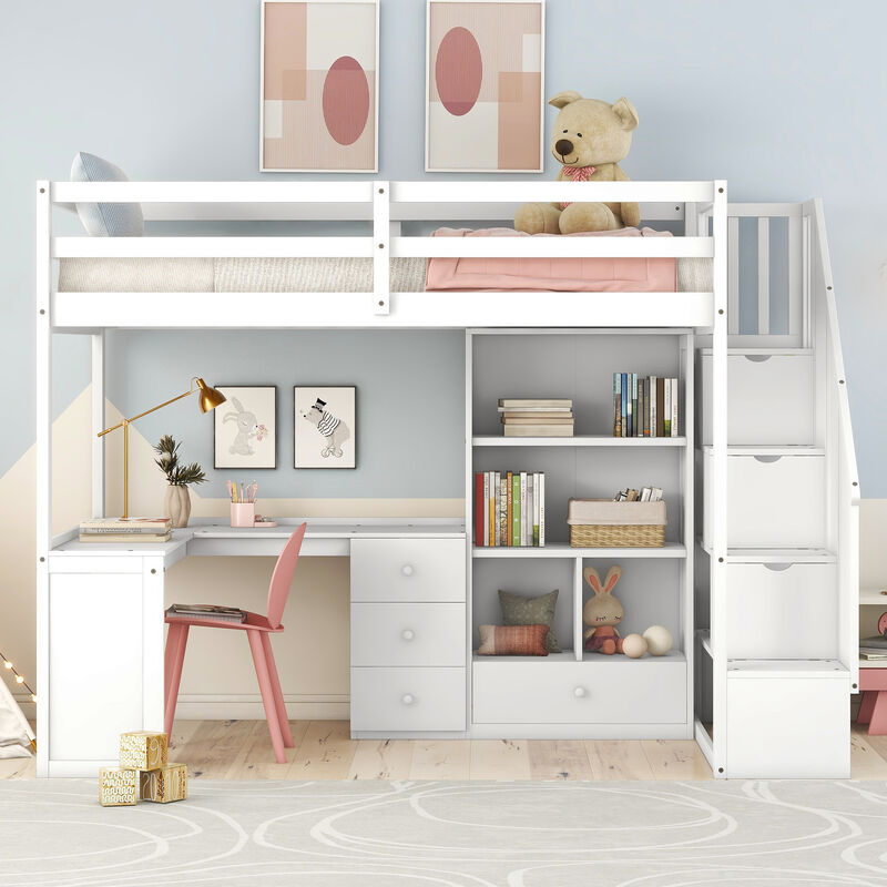 Merax Loft Bed with L-Shaped Desk and Drawers