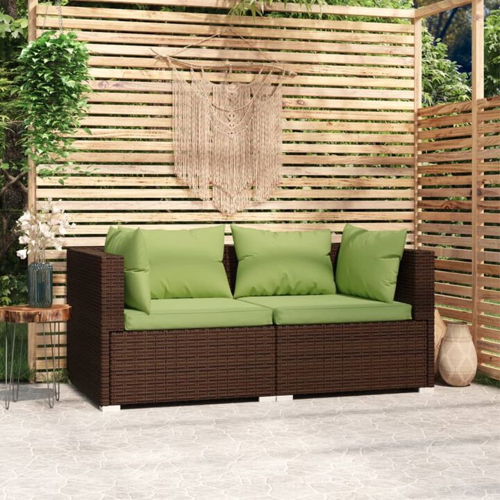 vidaXL Elegant 2 Seater Patio Loveseat - Brown Poly Rattan Lounge Set with Detachable Comfortable Green Cushions and Powder Coated Steel Frame