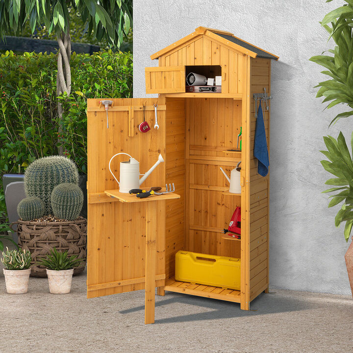 71 Inch Tall Garden Tool Storage Cabinet with Lockable Doors and Foldable Table-Natural