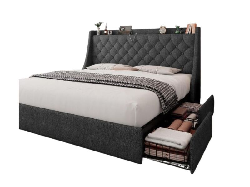 King Size Bed Frame With 4 Storage Drawers, Upholstered Storage Bed With Charging Station, Tufted Wingback Headboard, No Box Spring Needed, Dark Grey