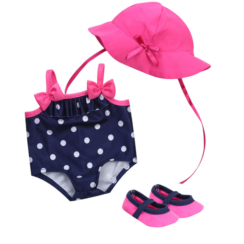 3-Piece Polka Dot Bathing Suit Set for 15'' Baby Dolls, Navy/Pink image number 3