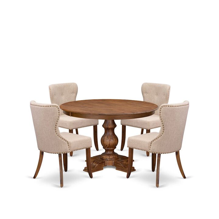 5-Pc Kitchen Set A Pedestal Wooden Table, 4 Light Tan Fabric Kitchen Chairs