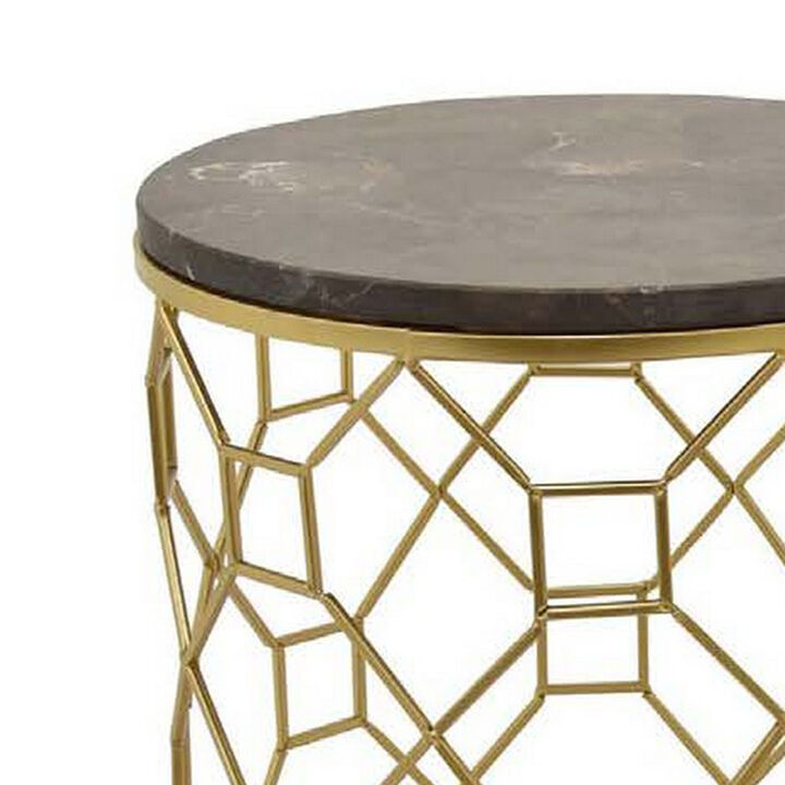 Tich Plant Stand Table Set of 2, Round Top, Open Metal Frame, Black, Gold - Benzara
