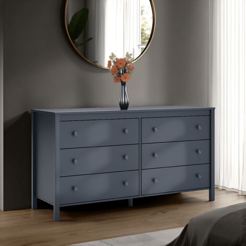Cian Wide Dresser, 6 Drawers, Knob Handles, Navy Blue Wood, 61 Inch - Benzara