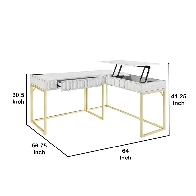 Fredie Corner Desk with Lift-Top USB Port, Gold Frame, Antique White image number 5