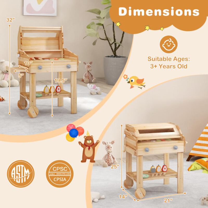 Hivvago Kids Wooden Barbecue Grill Playset Pretend Kitchen with Food and Wheels
