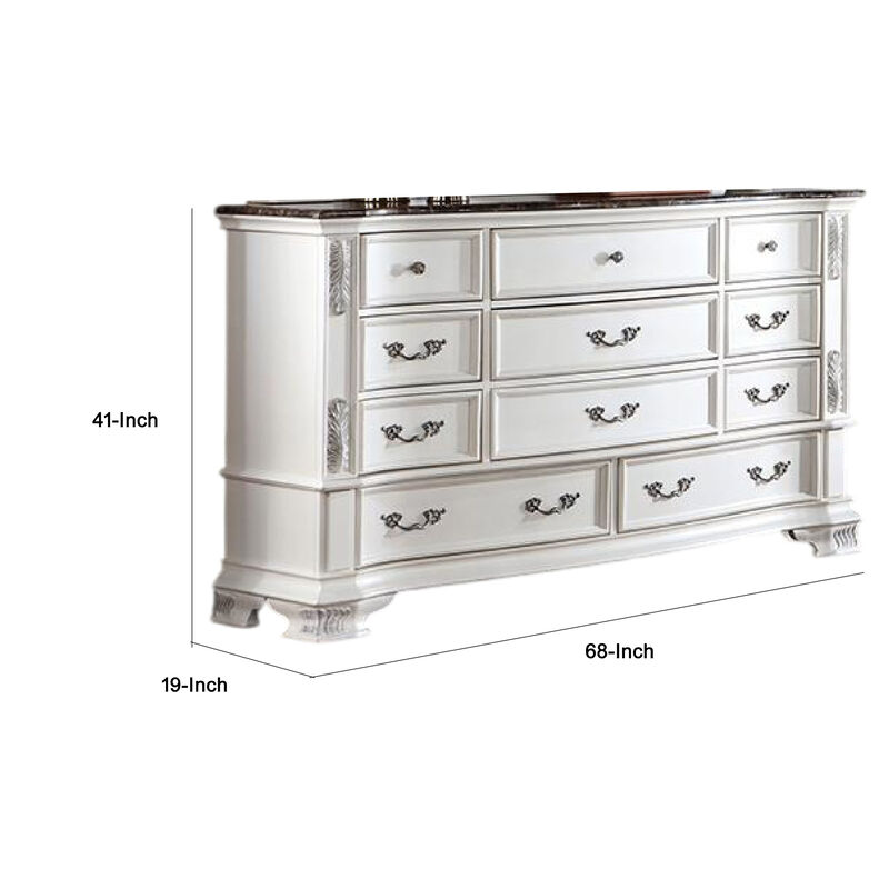 Prio Wide Dresser, 11 Drawers, Marble Top, Carved Pearl White Wood