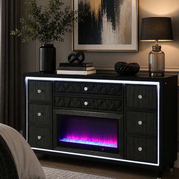 Maren Wide Dresser, 8 Drawers, LED Flame box, Velvet