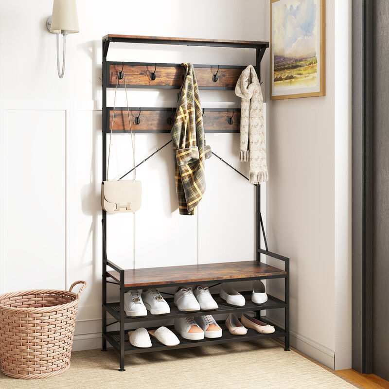 Multi-Functional Hall Tree with Coat Rack, 11 Hooks, and Shoe Storage Bench