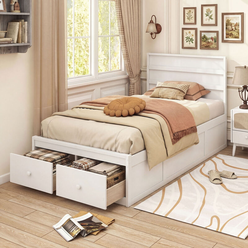 Twin Platform Bed Frame with Built-In Storage Drawers and Headboard image number 3