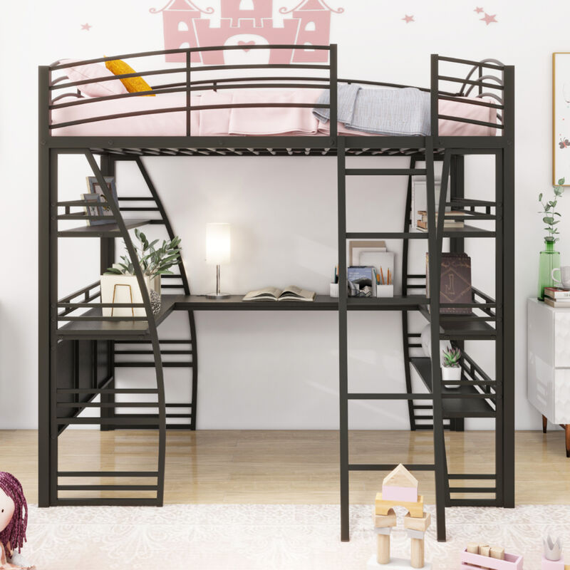 Full Size Loft Bed with 4 Layers of Shelves and L-shaped Desk, Stylish Metal Frame Bed with a set of Sockets, USB Ports and Wireless Charging, Black