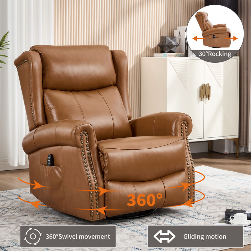 Genuine leather Heat Massage Manual Recliner Chair with Rocker and Swivel for Living Room image number 5
