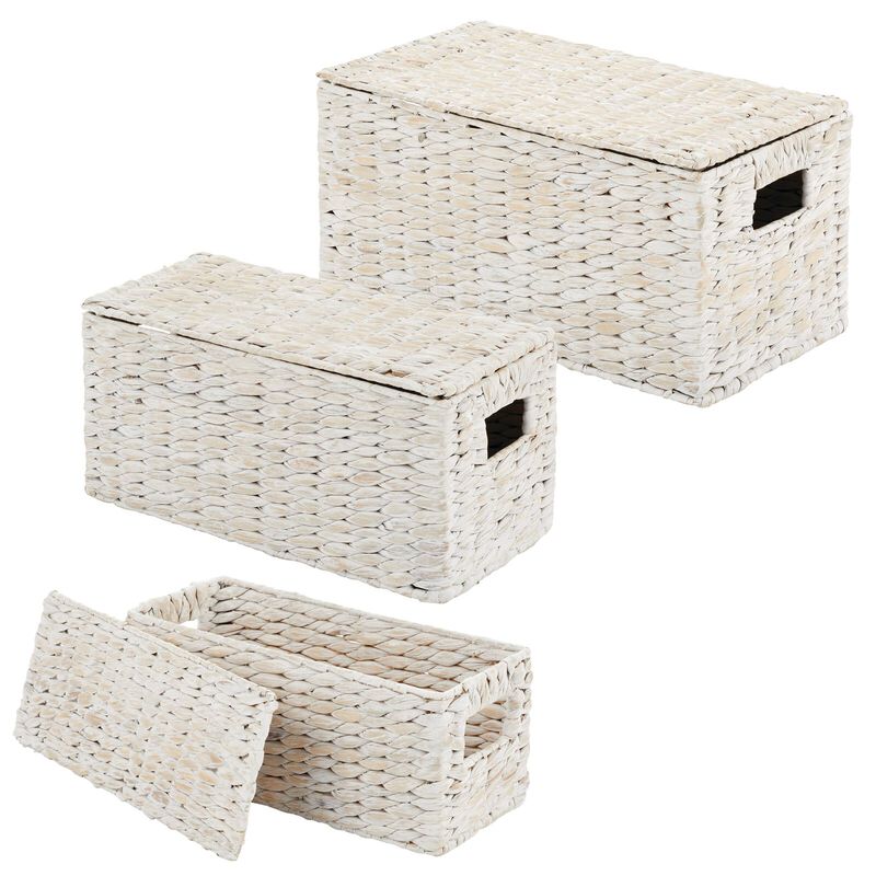 mDesign Woven Water Hyacinth Storage Basket with Lid/Handles, Set of 3 - Gray image number 1