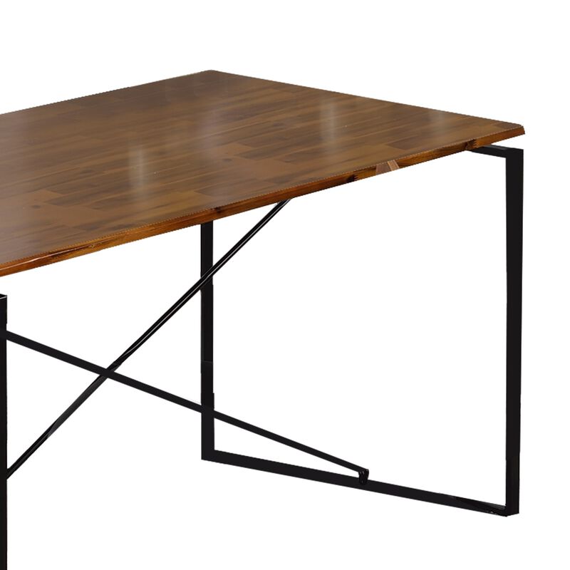 Rectangular Wooden Dining Table with X Shape Metal Base, Black and Brown-Benzara