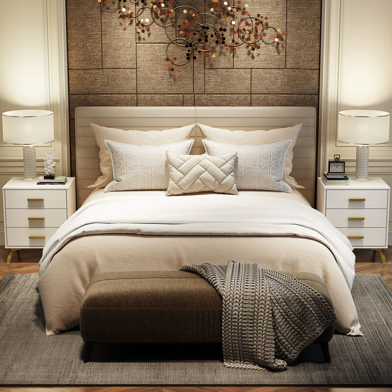 Modern Nightstand with 3 Storage Drawers & Gold Metal Legs, Minimalist and Versatile Bedside Table Sofa End Side Table, White (19.7" W x 15.7" D x 23.6" H)