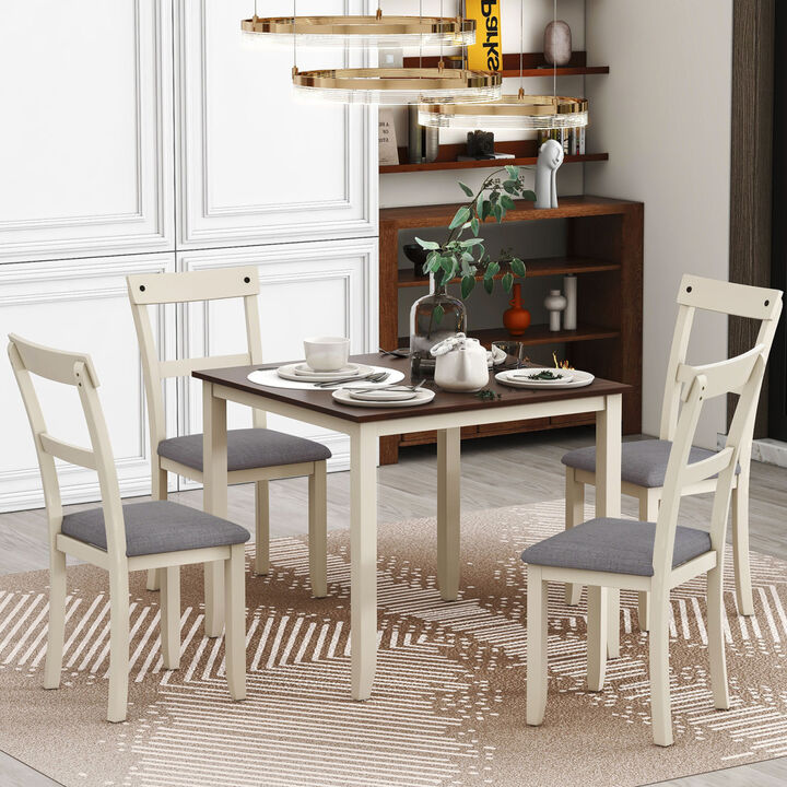 5 Piece Dining Table Set Industrial Wooden Kitchen Table and 4 Chairs for Dining Room (Brown+Cottage White)