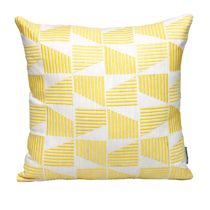 HomeRoots 18" Yellow and White Geometric Cotton Throw Pillow With Embroidery