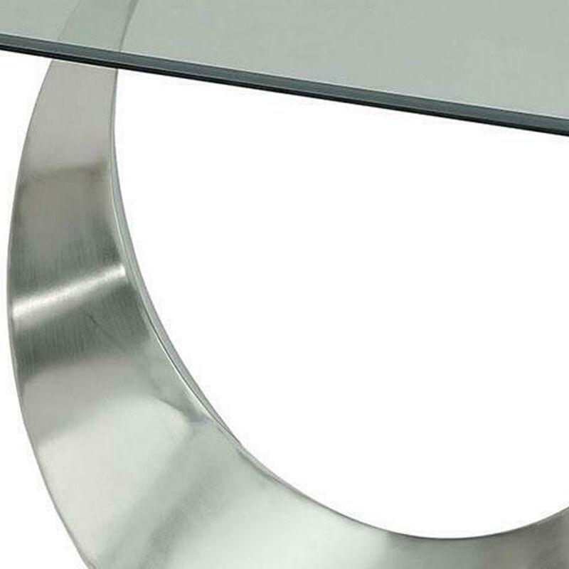 Metal and Glass Dining Table with Unique U Shape Pedestal Base, Chrome and Black-Benzara