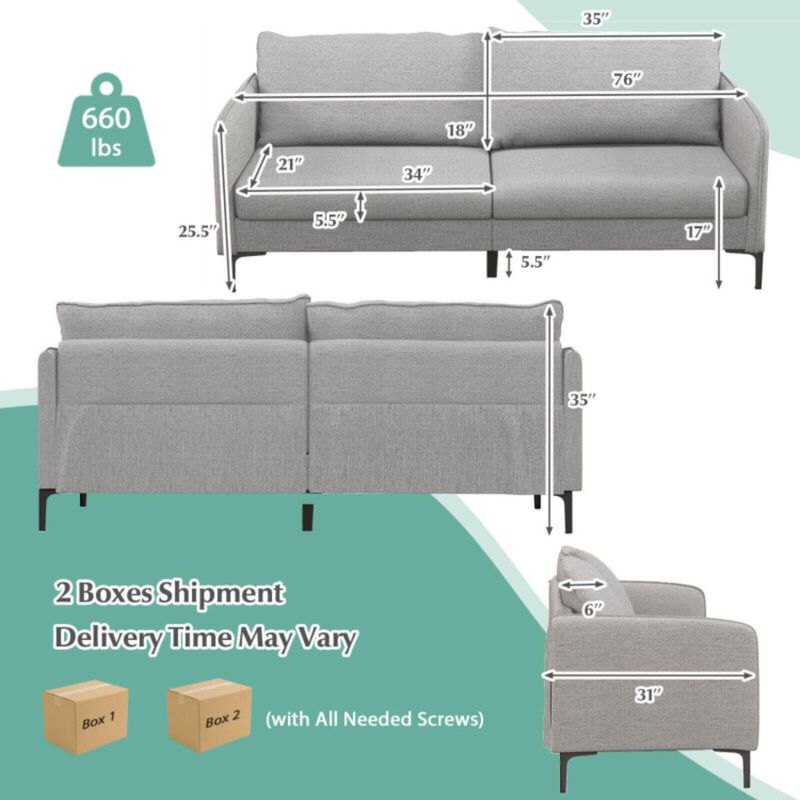 Hivvago Modern 76 Inch Loveseat Sofa Couch for Apartment Dorm with Metal Legs-Gray