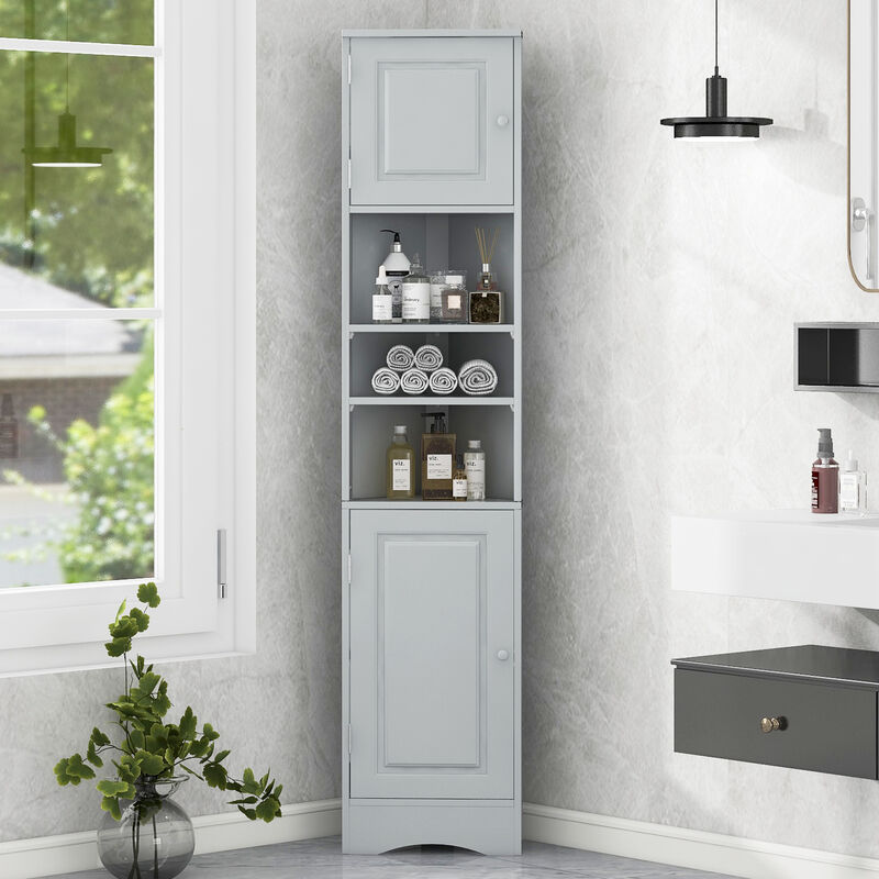 Whisen Multi-Functional Verticle Corner Cabinet, Tall Bathroom Storage Cabinet with Two Doors and Adjustable Shelves