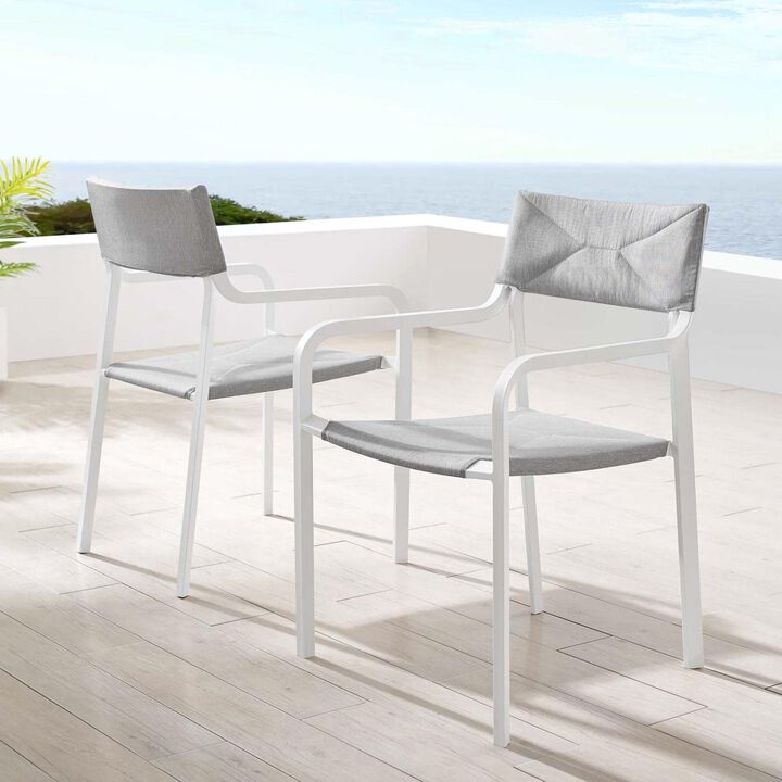 Modway Raleigh 34" Modern Fabric Outdoor Patio Armchair in White/Gray (Set of 2)