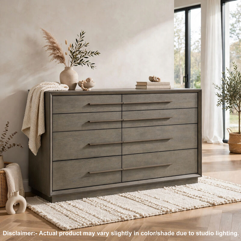 Lyni Wide Dresser, 8 Storage Drawers, Open Shelf, Taupe Oak Brown image number 5
