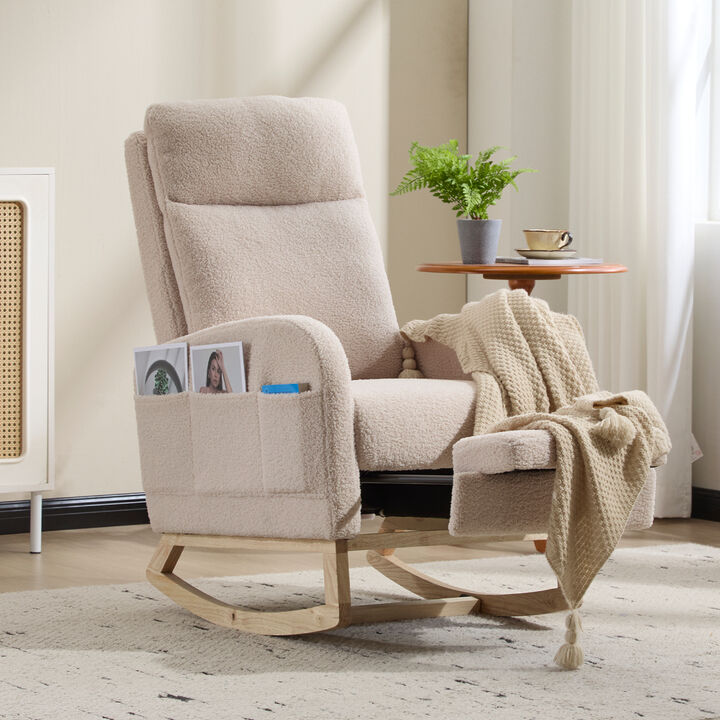 Upholstered Modern Rocking Chair with Solid Wood Legs and Ergonomic High Backrest