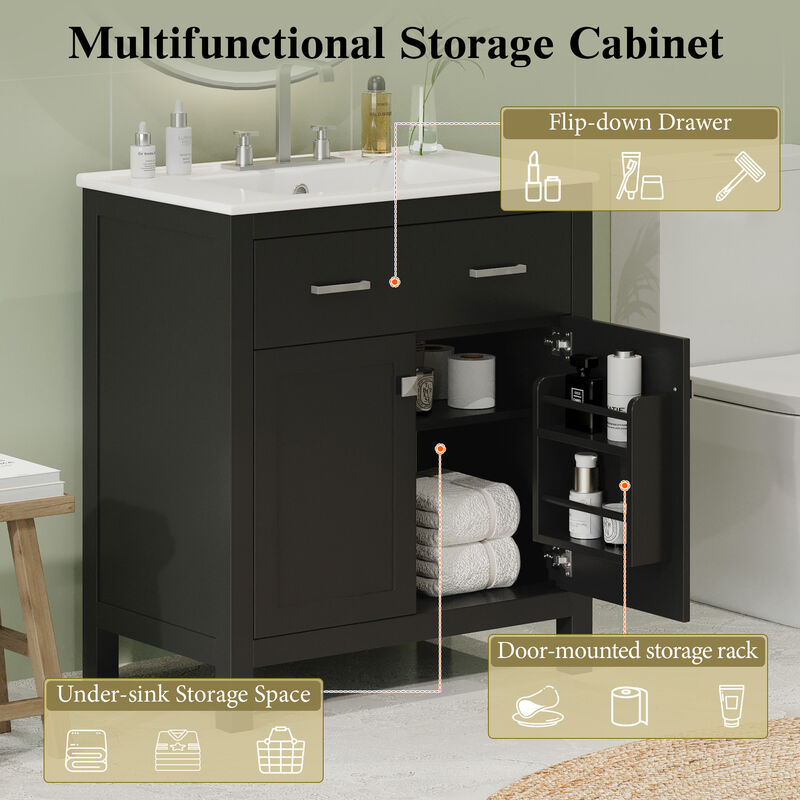 Whisen 30" Bathroom Storage Cabinet Bathroom Vanity with Ceramic Sink, 2 Soft Close Doors, Adjustable Shelf and Flip Drawer