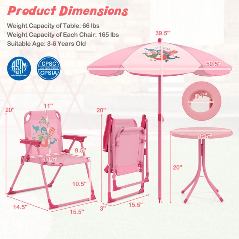 Hivvago 4 Pieces Kids Picnic Set with 2 Folding Chairs and Height Adjustable Umbrella