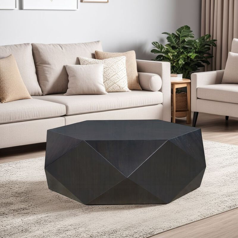 Hano Coffee Table, Black Rubberwood, 50 Inch, Modern Geometric Body - Benzara
