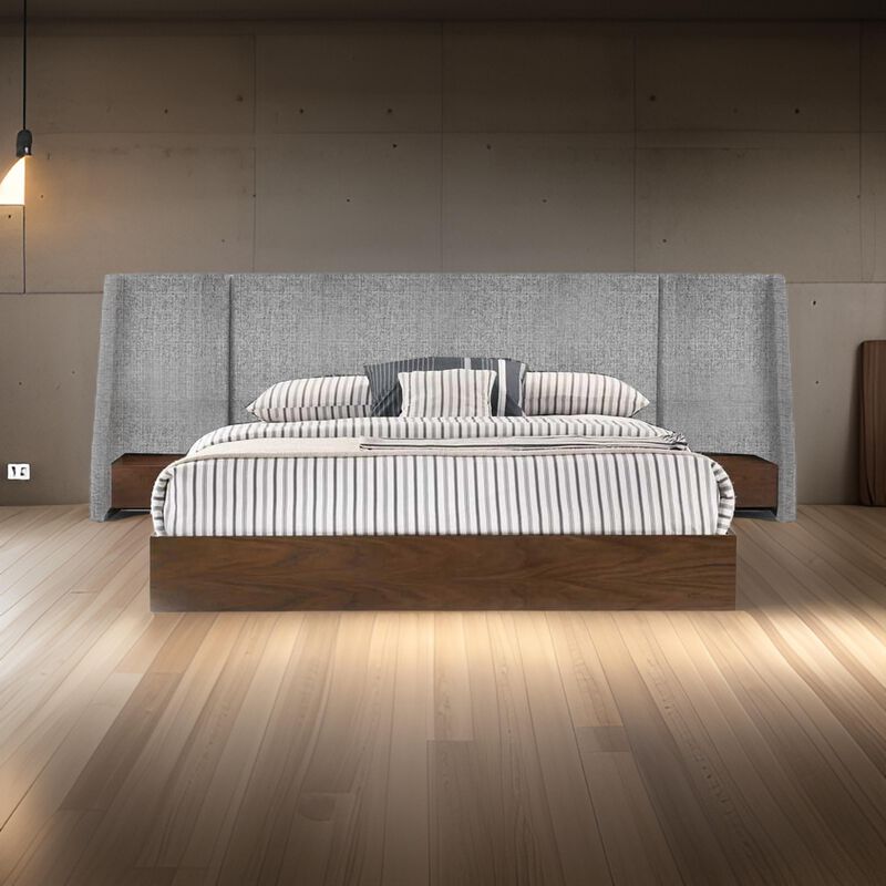Nie Queen Bed, Gray Upholstered Wide Wall Headboard, Walnut Brown Wood - Benzara image number 1
