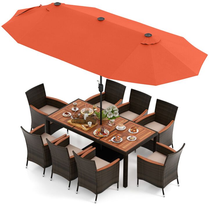 Mondawe 11Pcs Premium Patio Acacia Wood Dining Set,With 15ft Solar LED Umbrella & PE Rattan Chairs