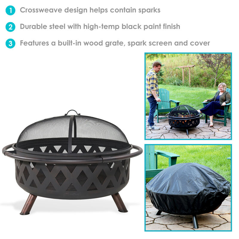 Sunnydaze 36 in Crossweave Steel Fire Pit with Screen, Poker, and Cover