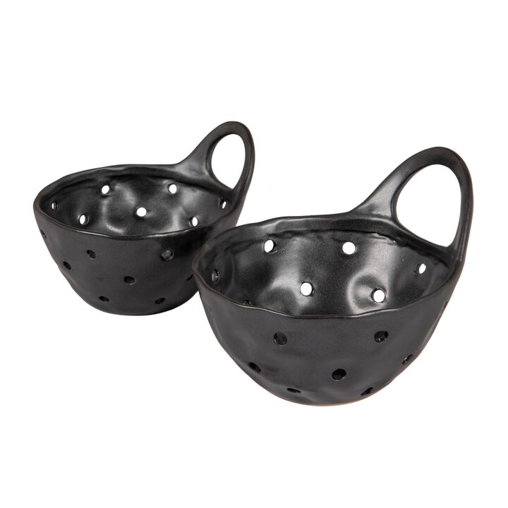 Black Reactive Glaze Stoneware Colanders, Set of 2