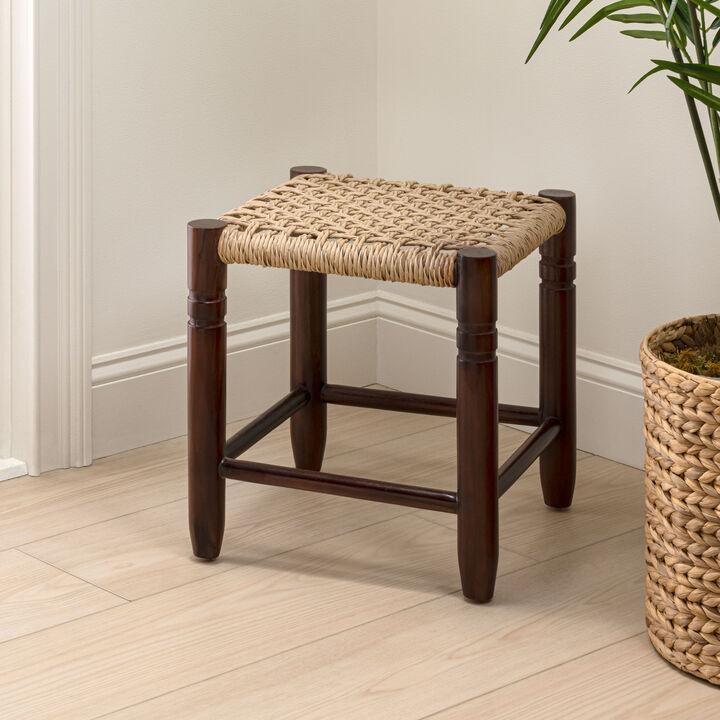 Columnar Casual Bohemian Handcrafted Teak Wood Backless Indoor/Outdoor Stool with Synthetic Woven Rattan Seat