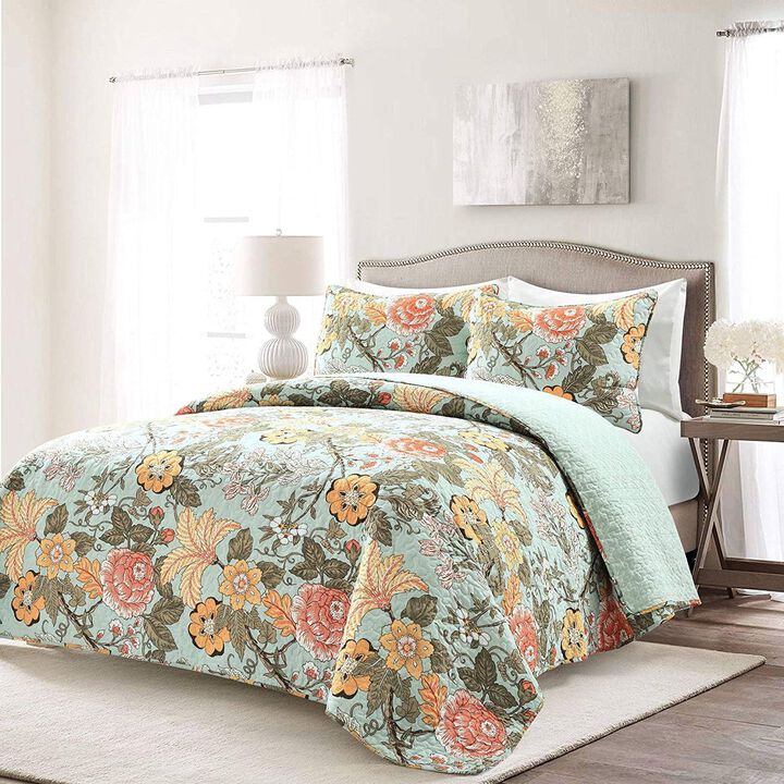 Hivvago King size 3 Piece FarmHouse Teal Floral Cotton Reversible Quilt Set