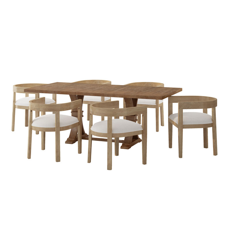 Christopher Knight Home Elyra 7 Piece Upholstered Wood Extended Dining Set with Pedestal Base