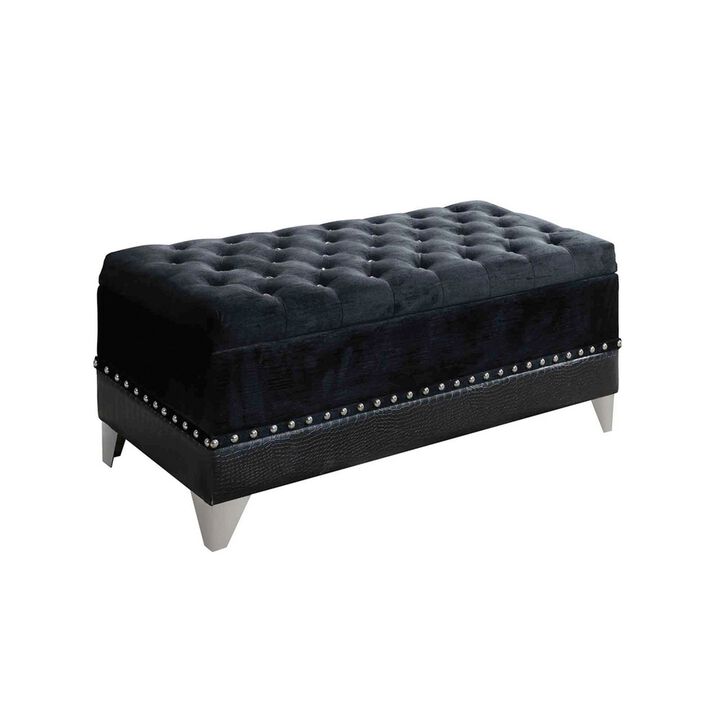 Leatherette Storage Bench with Nailhead Trims and Button Tufted Seat, Black-Benzara