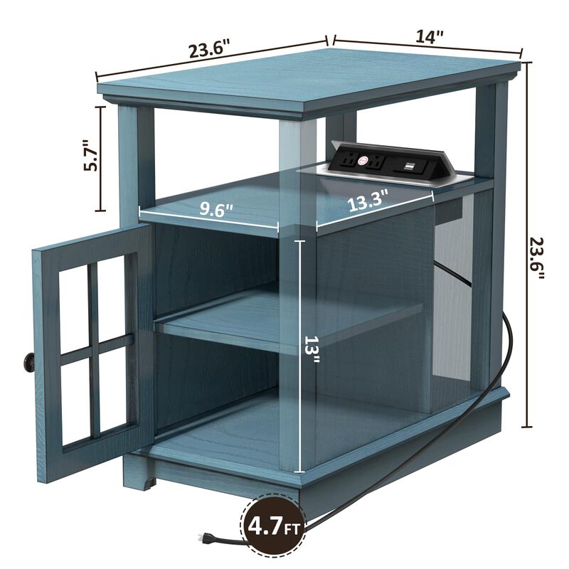 HIFYOBRO End Table with Hidden Charging Station, Narrow Side Table with Storage, Nightstand for Small Spaces with USB Ports & Po