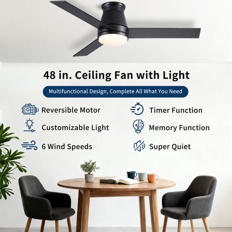 48 Inch Low Profile Ceiling Fan with Light - Matte Black DC Motor Ceiling Fan with Remote image number 9
