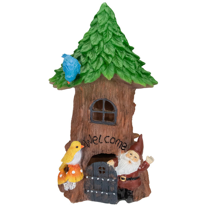14" Solar Lighted Welcome Gnome Tree House Outdoor Garden Statue