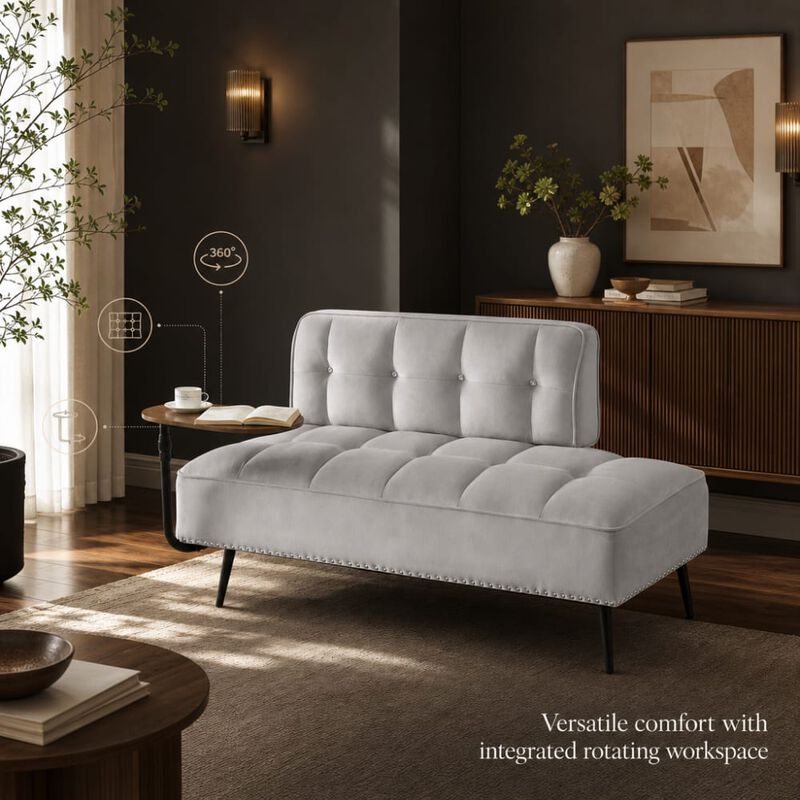 GOODSILO Modern Two-Seater Velvet Sofa with 360&deg; Rotating Side Table, Copper Nailhead Trim for Living Room image number 4