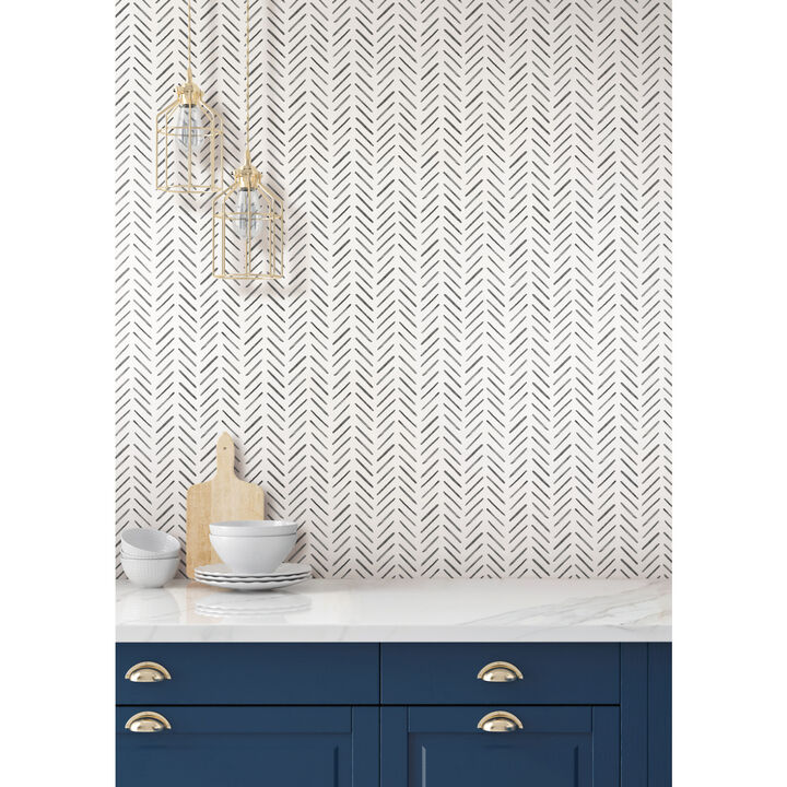 Painted Herringbone Black Wallpaper