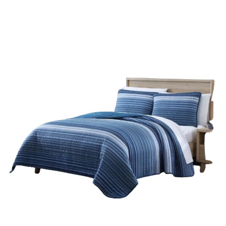 Hivvago King Size Coastal Blue Stripe Reversible Cotton Quilt Set