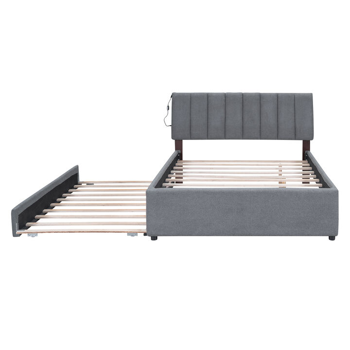 Merax Teddy Fleece Upholstered Platform Bed with Trundle