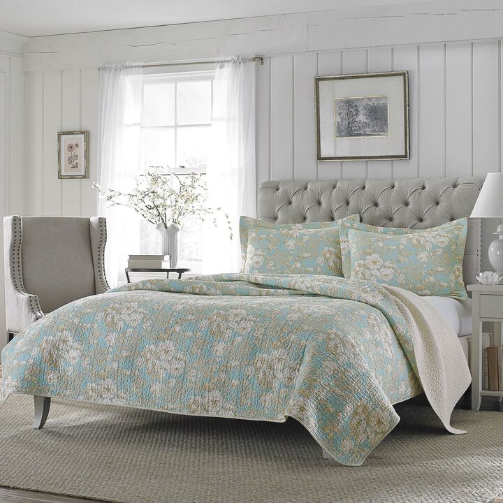 QuikFurn Full / Queen 3-Piece Cotton Quilt Set in Seafoam Blue Beige Floral Pattern