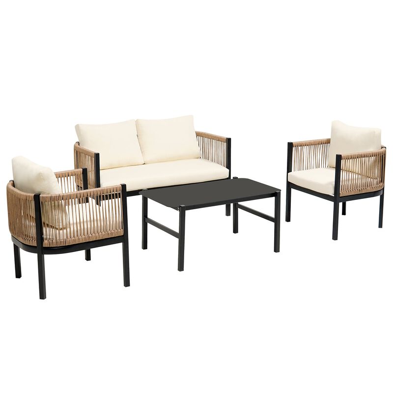 Mondawe Outdoor Garden Patio Sectional Modular Multi-person Sofa Set,W/ Rattan Sofa & Glass Table