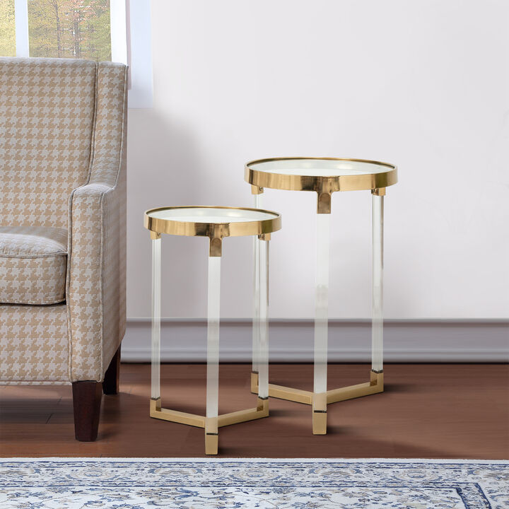 24, 21 Accent Tables, Acrylic Clear Legs, Glass Top, Set of 2, Gold - Benzara