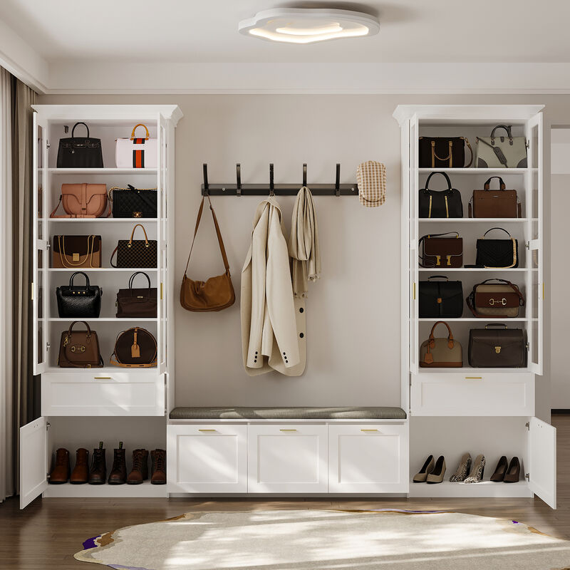 FUFU&GAGA Grand Wardrobe with Glass Doors, Soft Matte Finish, P2 MDF Construction, Gold Handles & Cushioned Nook (122"W x 97"H x 15.7"D),White