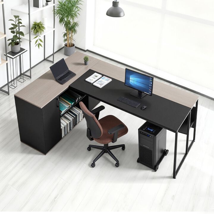 Modern L-Shaped Office Desk with CPU Stand, Storage Cabinet and Spacious Work Surface-Black
